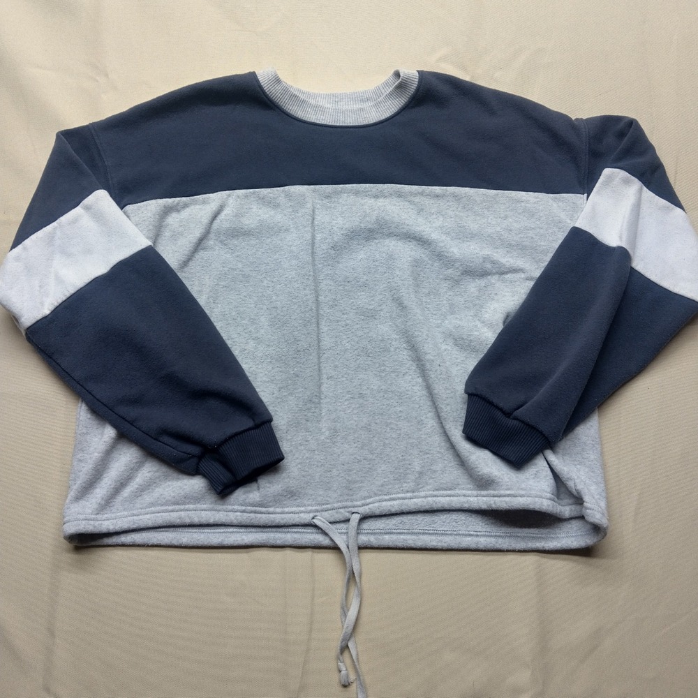 American Eagle Colorblock Drawstring Hem Sweatshirt Gray Navy White Small